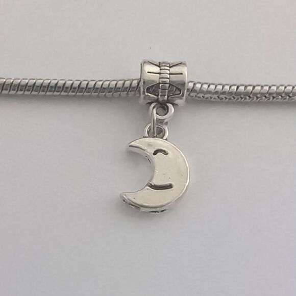 Silver Happy Moon Dangle Charm‎ for Pandora Style Bracelet - Picture 1 of 4
